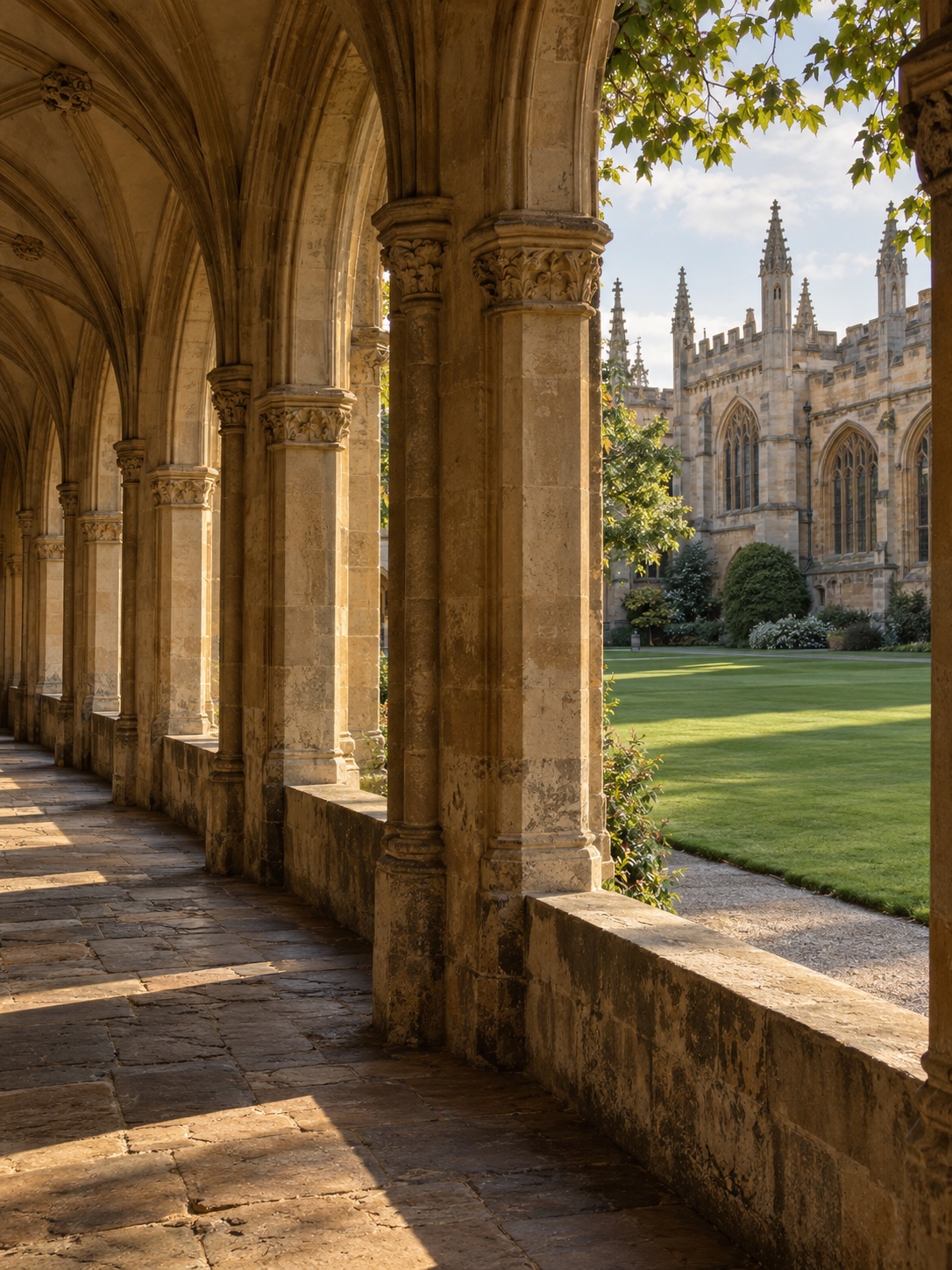 A sunlit stone colonnade overlooking a university courtyard